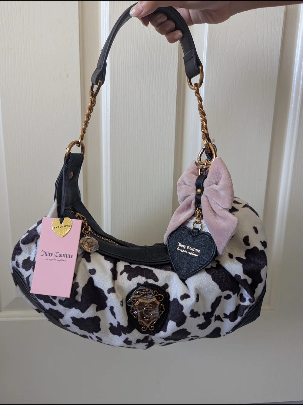 Juicy Couture Romance Cow Print Faux Fur Hobo Shoulder Bag Liquorice/White Y2k